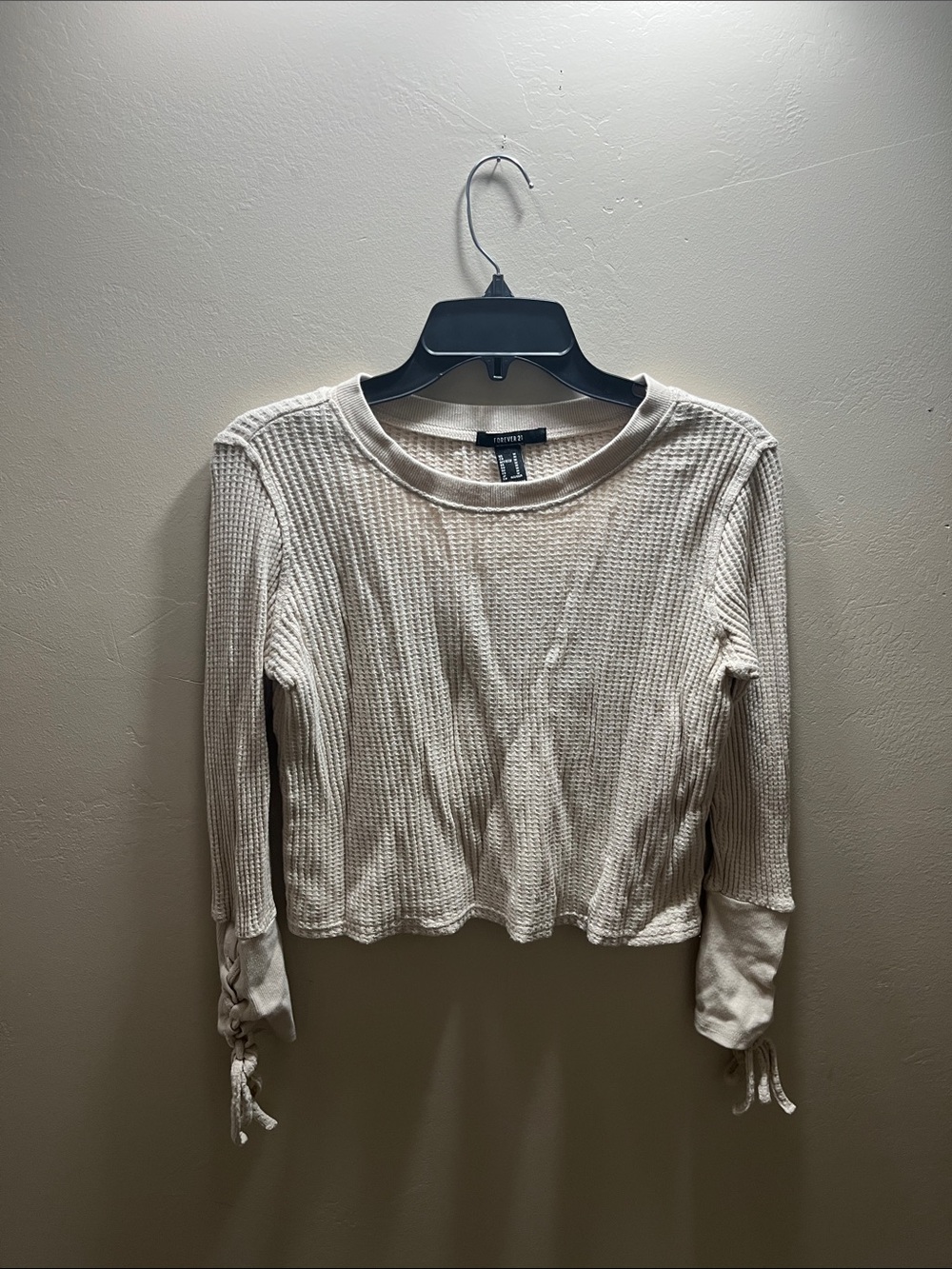 Forever 21 Cream Waffle Knit Long Sleeve Top with Tie Cuffs